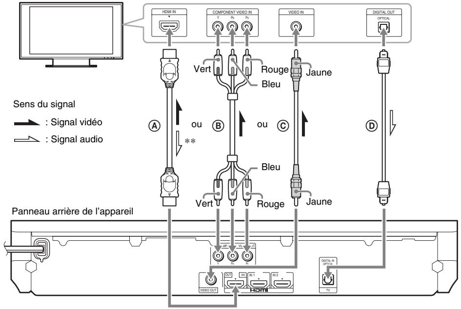 Sens du signal : Signal vidéo : Signal audio HDMI IN COMPONENT VIDEO IN VIDEO IN DIGITAL OUT OPTICAL A Vert B ou C Bleu Jaune D ou Bleu Jaune Vert Rouge Vide OUT IN1 IN2 Vide OUT IN3 IN4 IN5 IN6 IN7 IN8 IN9 IN10 IN11 IN12 IN13 IN14 IN15 IN16 IN17 IN18 IN19 IN20 IN21 IN22 IN23 IN24 IN25 IN26 IN27 IN28 IN29 IN30 IN31 IN32 IN33 IN34 IN35 IN36 IN37 IN38 IN39 IN40 IN41 IN42 IN43 IN44 IN45 IN46 IN47 IN48 IN49 IN50 IN51 IN52 IN53 IN54 IN55 IN56 IN57 IN58 IN59 IN60 IN61 IN62 IN63 IN64 IN65 IN66 IN67 IN68 IN69 IN70 IN71 IN72 IN73 IN74 IN75 IN76 IN77 IN78 IN79 IN80 IN81 IN82 IN83 IN84 IN85 IN86 IN87 IN88 IN89 IN90 IN91 IN92 IN93 IN94 IN95 IN96 IN97 IN98 IN99 In 100