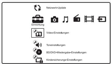 Netzwerk-Update Einrichtung Video-Einstellungen Toneinstellungen BD/DVD-Wiedergabe-Einstellungen Kindersicherungs-Einstellungen