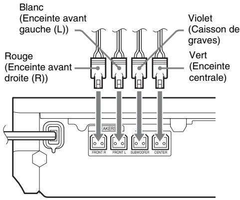 Blanc (Enceinte avant gauche (L)) Rouge (Enceinte avant droite (R)) Violet (Caisson de graves) Vert (Enceinte centrale) AKERS FRONT R FRONT L SUBWOOFER CENTER