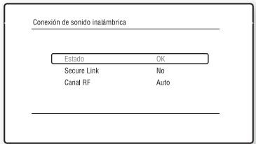 Conexión de sonido inatámbrica Estado OK Secure Link No Canal RF Auto