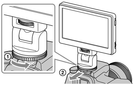 Technical diagram showing two views of a camera setup with labeled components and directional arrows indicating motion or movement.