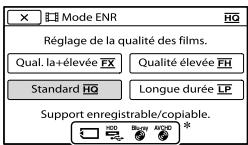 Mode ENR Réglage de la qualité des films. Qual. la+élevée FX Qualité élevée FH Standard HG Longue durée LP Support enregistrable/copiable.