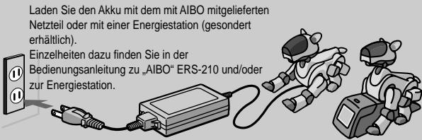 Laden Sie den Akku mit dem mit AIBO mitgelieferten Netzteil oder mit einer Energiestation (gesondert erhältlich). Einzelheiten dazu finden Sie in der Bedienungsanleitung zu „AIBO“ ERS-210 und/oder zur Energiestation.