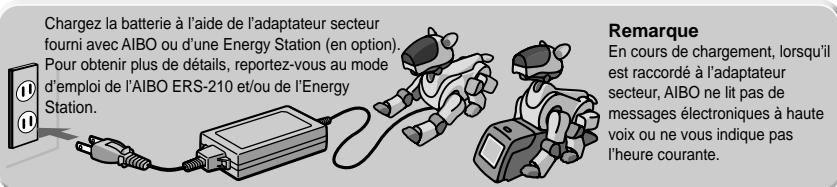 Chargez la batterie à l'aide de l'adaptateur secteur fourni avec AIBO ou d'une Energy Station (en option). Pour obtenir plus de détails, reportez-vous au mode d'emploi de l'AIBO ERS-210 et/ou de l'Energy Station. Remarque En cours de chargement, lorsqu'il est raccordé à l'adaptateur secteur, AIBO ne lit pas de messages électroniques à haute voix ou ne vous indique pas l'heure courante.