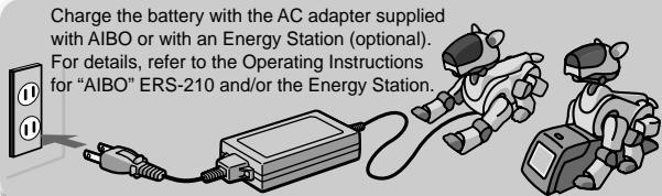 Charge the battery with the AC adapter supplied with AIBO or with an Energy Station (optional). For details, refer to the Operating Instructions for "AIBO" ERS-210 and/or the Energy Station.
