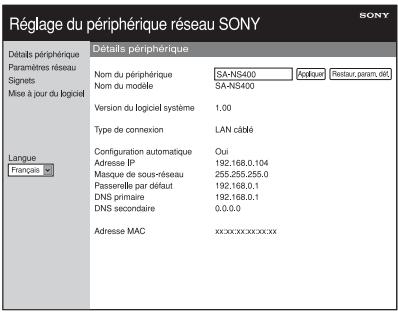SONY SA-NS400 - Écran Détails périphérique - 1