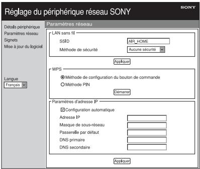 SONY SA-NS400 - Écran Paramètres réseau - 1