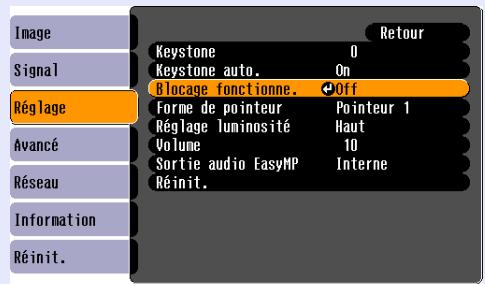 EPSON EMP-1707 - Appuyez sur le bouton [Menu] puis désisissez "Réglage" - "Blocage fonctionne". "Utilisation du menu de configuration" p.31 - 3