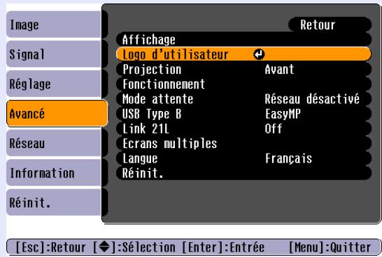 EPSON EMP-1707 - Choisissez "Avancé" dans le menu de configuration puis choisissez "Logo utilis"." - "Utilisation du menu de configuration" p.31 - 1