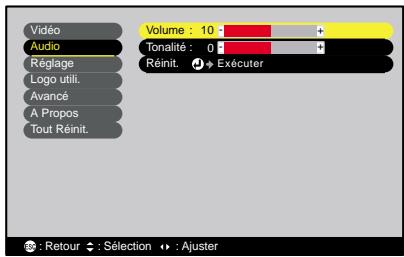 EPSON EMP-720 - Appuyez sur la touche [menu] de la télécommande, puis sélectionnez l'option "volume" du menu "audio". - 1