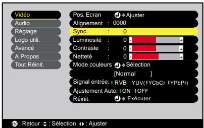 EPSON EMP-720 - Appuyez sur la touche [menu] de la télécommande, puis sélectionnez "sync." dans le menu "vidéo". - 1
