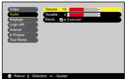 EPSON EMP-720 - Appuyez sur la touche [menu] de la télécommande, puis sélectionnez l'option "volume" du menu "audio". - 1
