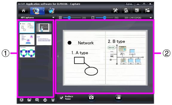 EPSON ELPDC06 - L'écran de capture s'affiche. Reportez-vous au tableau ci-dessous pour plus d'informations sur l'utilisation de l'écran de capture. - 1