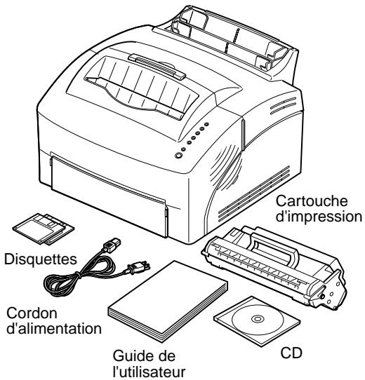 Cartouche d'impression Disquettes Cordon d'alimentation Guide de l'utilisateur CD