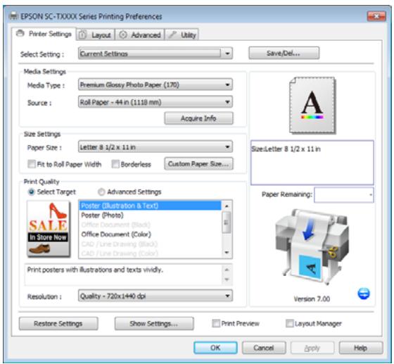 EPSON SC-T3000 - Une fois que vous avez vérifié que l'imprimante est seLECTIONnée, cliquez sur Printer properties (Propriétés de l'imprimante) ou Properties pour les paramètres d'impression. - 1