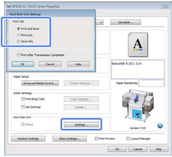EPSON SC-T7000 - Dans l'onglet Advanced (Plus d'options), cliquez sur le bouton Settings (Configuration) de la zone Hard Disk Unit et sélectionnez Print and Save (Impr et enr) ou Save only (Enreg uniq). - 1