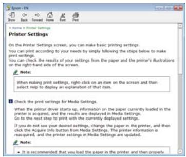 On the Printer Settings screen, you can make basic printing settings. You can print according to your needs by simply following the steps below to make print settings. You can check the results of your settings from the paper and the printer's illustrations on the right-hand side of the screen. Notes: When making print settings, right-click on an item on the screen and then select help to display an explanation of that item. Check the print settings for Media Settings. When the printer driver starts up, information on the paper currently loaded in the printer is acquired, and the results are displayed in Media Settings. Go to the next step to print with the currently displayed settings. If you do not see your desired settings, change the paper in the printer, and then click the Acquire Info button from Media Settings. The printer information is reacquired, and the printer settings in Media Settings are updated. Notes: • It is recommended that you load the paper in the printer and then properly