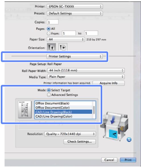 EPSON SC-T7000 - Cliquez sur Select Target (Sélect. cible) pour Mode et sélectionnez CAD/Line Drawing(Black) (CAO/dessin au trait (noir)) ou CAD/Line Drawing(Color) (CAO/dessin au trait (couleur)). - 1