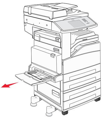 Line drawing of a multi-tiered printer with a red arrow indicating compression or disassembly (no text or symbols present).