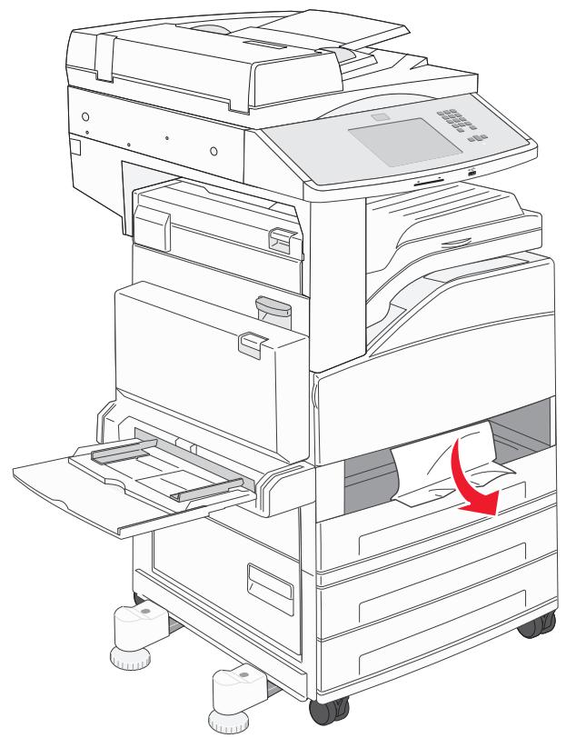 Line drawing of a multi-tiered printer with a red arrow indicating compression or disassembly (no text or symbols present).