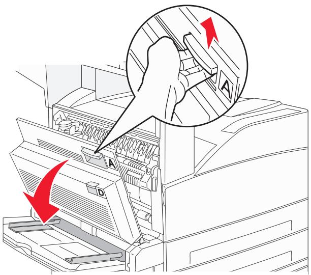 Diagram showing a printer's internal structure with labeled parts A and D, and a magnified view of the component being inserted into a device.