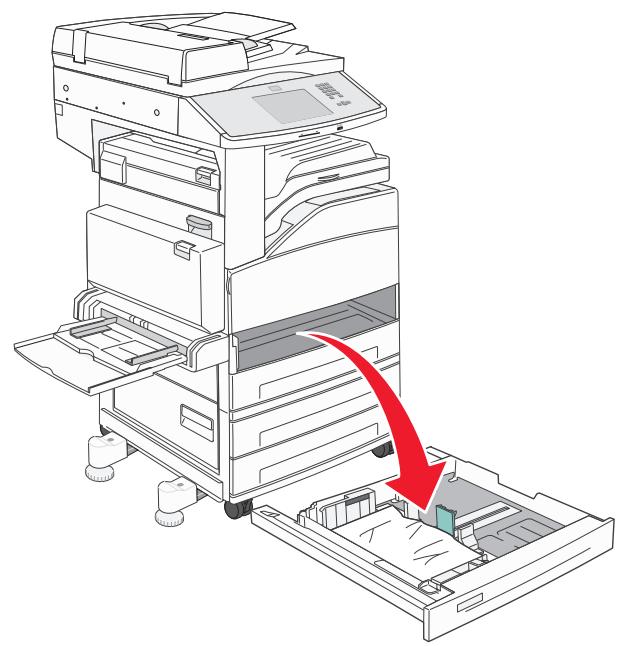 Illustration of a multi-level printer with a red arrow indicating a process or operation, showing internal components and no text or symbols.