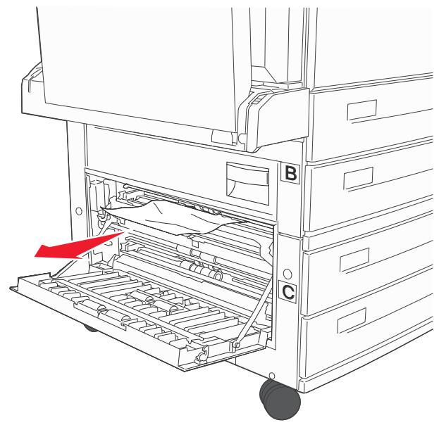 Line drawing of a mechanical device with labeled parts (B, C) and a red arrow indicating a component or feature, no text or symbols present.