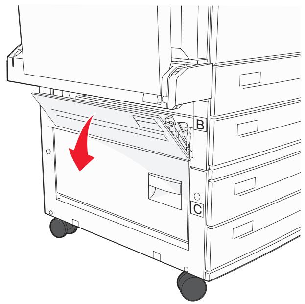 Diagram of a mechanical device with labeled parts (A, B, C) and a red arrow pointing to a component, no text or symbols present.