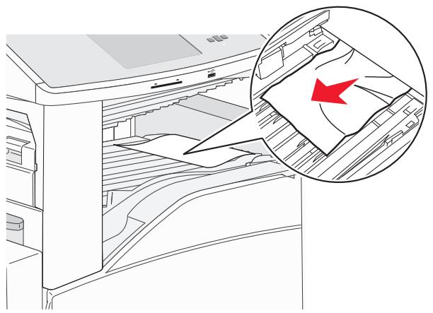 Line drawing of an open printer with a magnified inset showing internal structure and a red arrow indicating a detail (no text or symbols present)