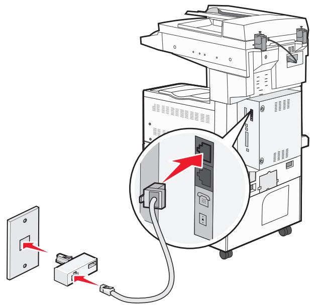 Diagram showing installation of an electronic device with a cable and plug, highlighting a close-up of internal components with red arrows indicating connection.