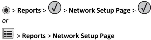 >Reports > ✓ > Network Setup Page > ✓ or >Reports > Network Setup Page