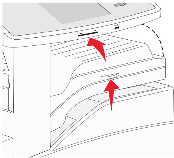 Diagram of a printer interior showing internal structure with two red arrows indicating flow or movement (no text or symbols present).