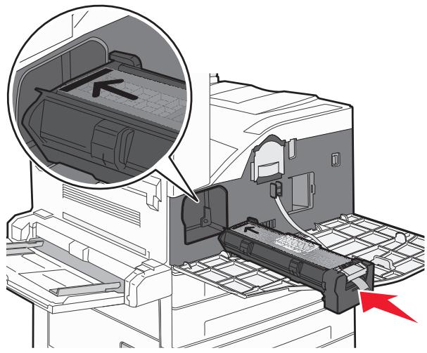 Diagram of a printer's internal structure showing a tray with a magnified inset (no text or symbols)