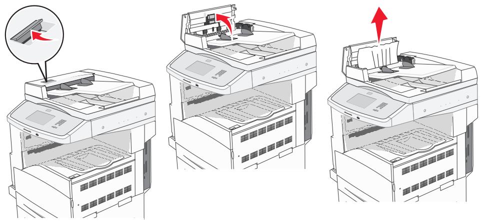 Three-step diagram showing a printer's internal structure with a magnified view of the top panel (no text or symbols present)
