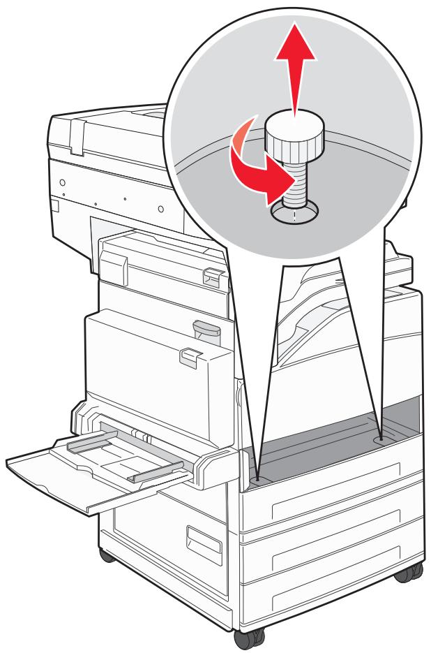 Illustration of a printer stacker with a magnified view showing the internal structure and red directional arrows (no text or symbols)