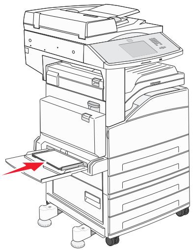 Line drawing of a multi-tiered printer with a red arrow indicating compression or disassembly (no text or symbols present).