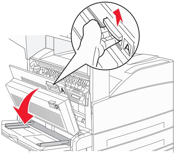 Diagram showing a printer's internal structure with red arrows indicating process steps, including a magnified inset of the component.