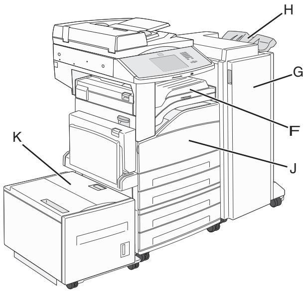 Technical diagram of a printer with labeled parts including H, G, F, J, and K.