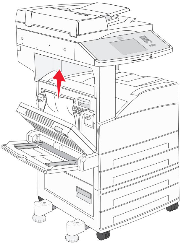 Technical line drawing of a multi-tiered printer with open lid and internal mechanism (no text or symbols).