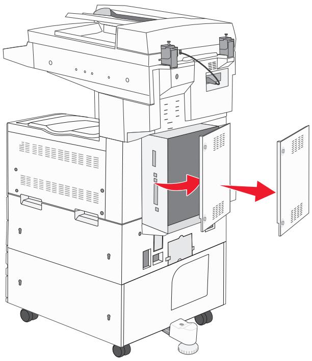 Technical line drawing of a printer with internal components and red directional arrows indicating movement (no text or symbols)