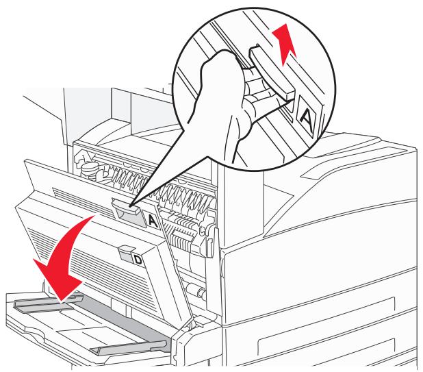 Diagram showing a printer's internal structure with red arrows indicating process flow, highlighting a hand inserting a component labeled 'A'.
