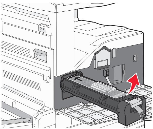 Diagram of a printer's internal structure with a red arrow indicating the motion, showing no text or symbols.