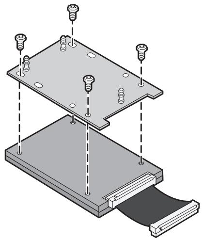 Isometric diagram of a mechanical assembly with two plates and screw holes, no text or symbols present.
