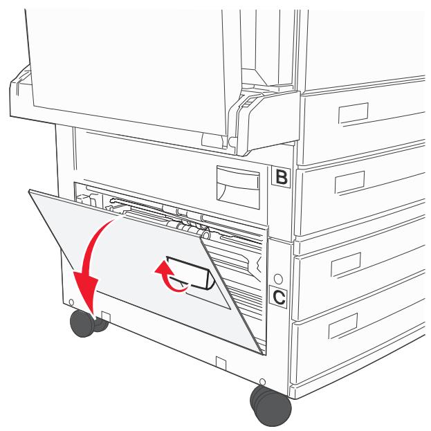 Diagram of a file drawer with labeled parts (A, B, C) and a red arrow indicating rotation or movement, no text or symbols present.
