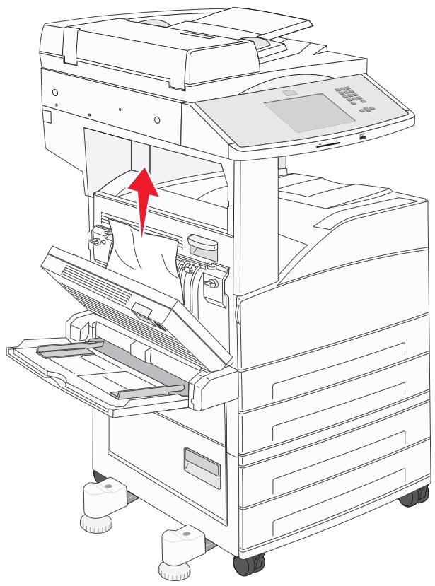 Line drawing of an open industrial machine with a red arrow indicating a component or operation (no text or symbols present).