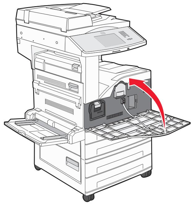 Illustration of a printer stack with a red arrow indicating compression or disassembly (no text or symbols present).