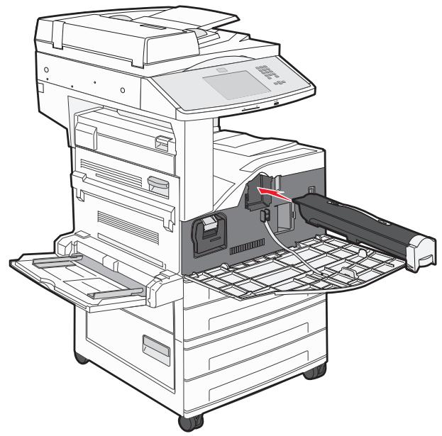 Technical line drawing of a printer with internal components and a red arrow indicating a specific part (no text or symbols present).