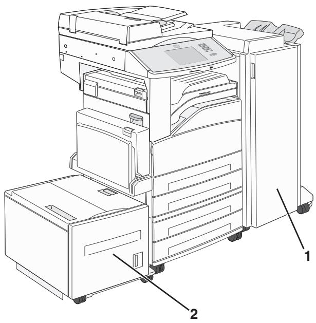 Technical line drawing of a multi-tiered printer with labeled parts 1 and 2