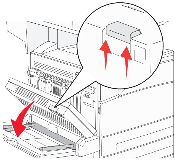 Diagram of a printer's internal structure with red arrows indicating compression or disassembly (no text or symbols present).