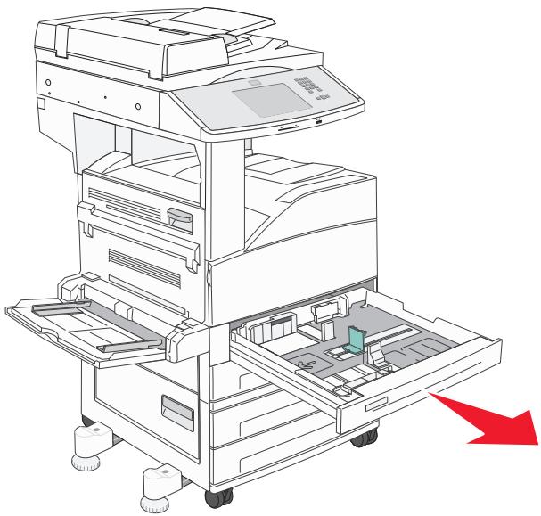 Technical line drawing of a multi-tiered printer or scanner with internal compartments and a red arrow indicating compression (no text or symbols present)